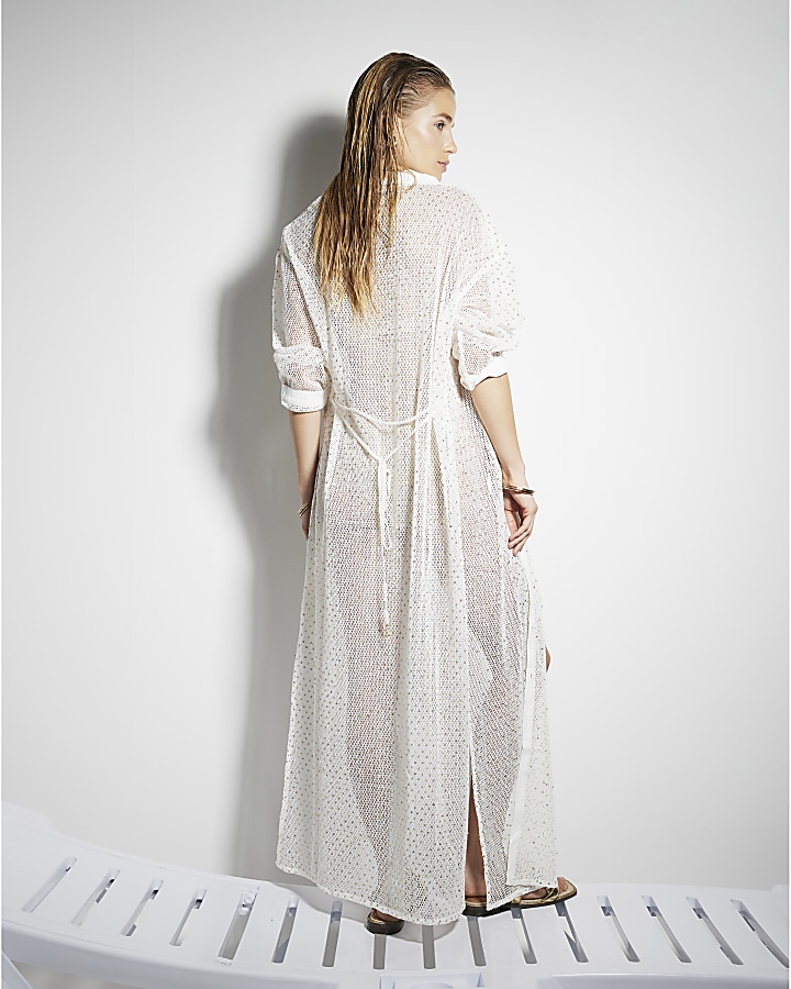 White mesh sequin beach maxi shirt dress