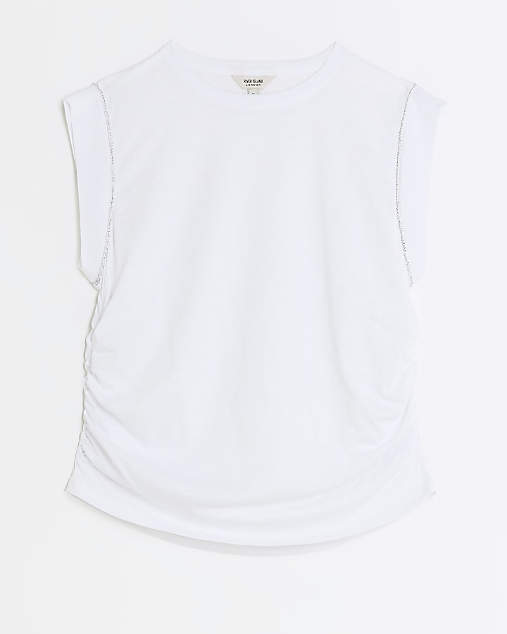 White diamante trim ruched t-shirt | River Island