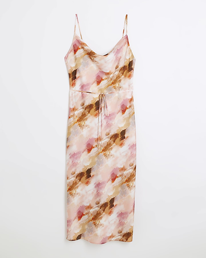Pink abstract cowl neck slip midi dress
