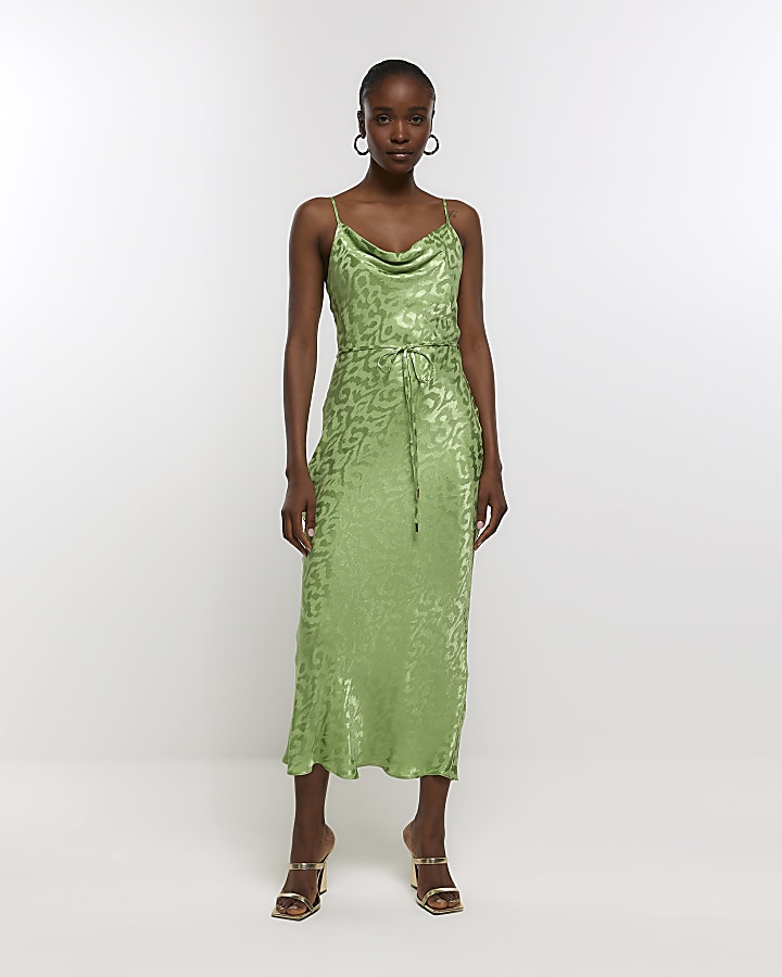 Green tie waist cowl neck slip midi dress River Island