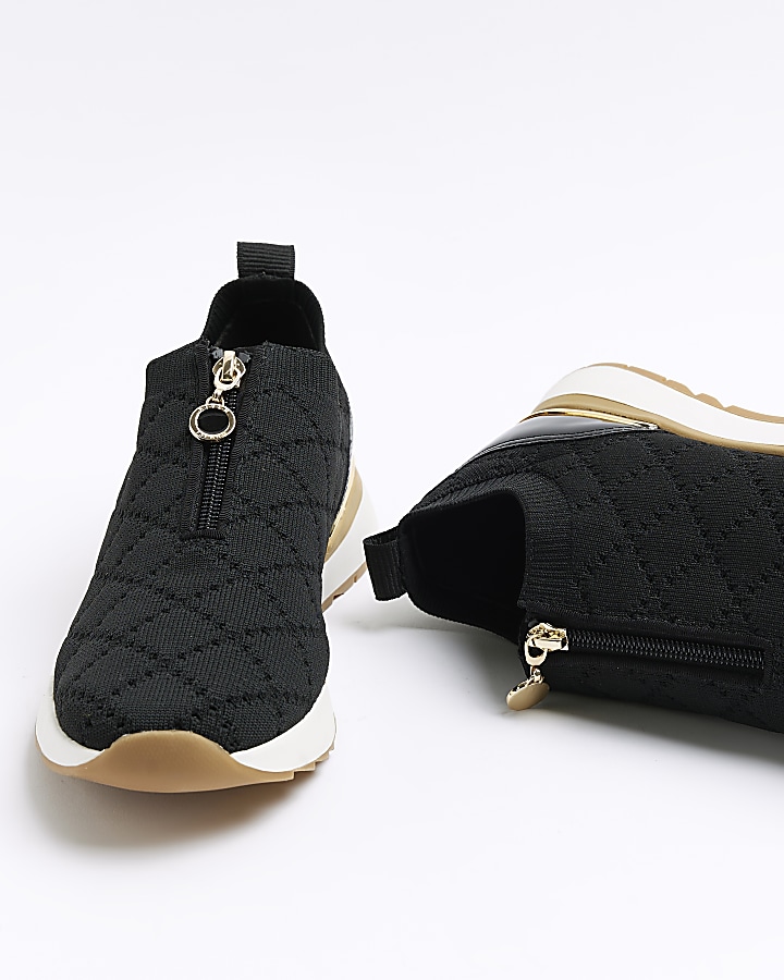 Black wide fit quilted zip trainers
