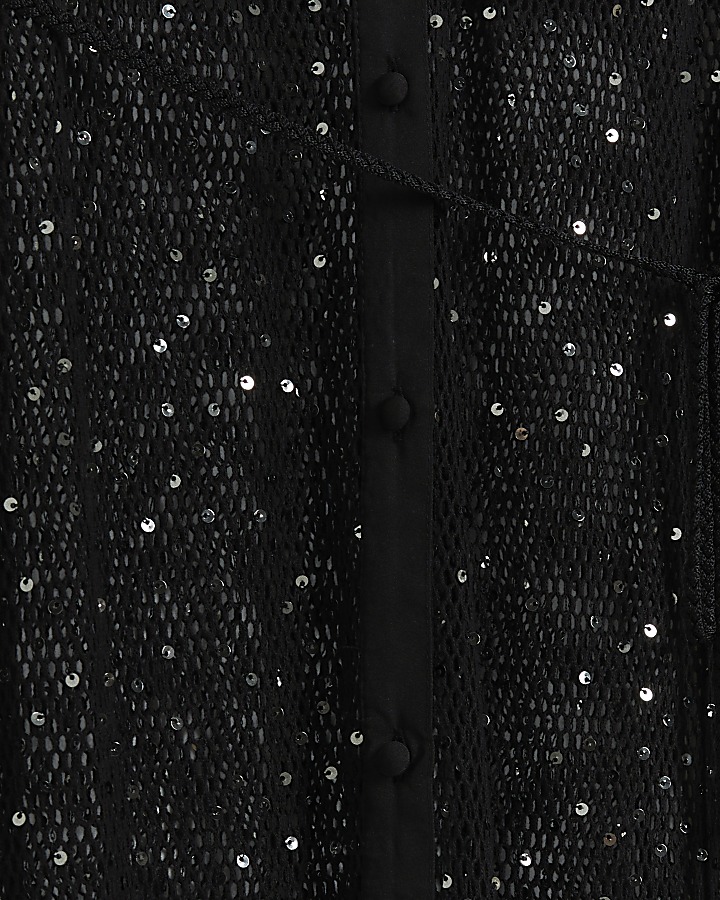 Black mesh sequin beach maxi shirt dress