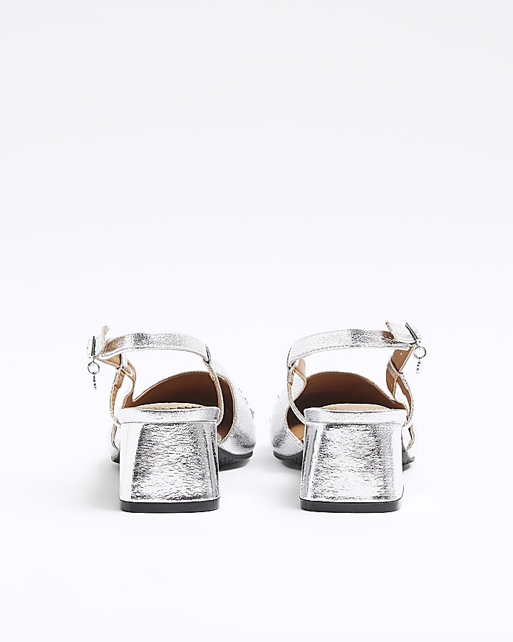 Silver wide fit block heel sling back shoes