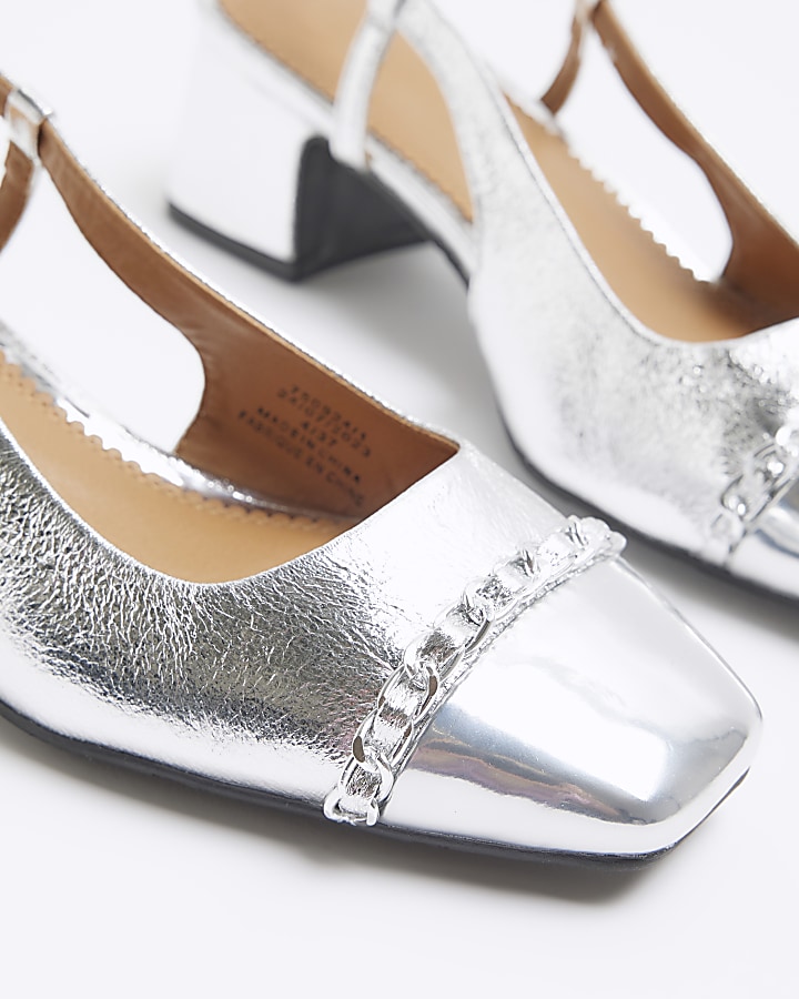 Silver wide fit block heel sling back shoes