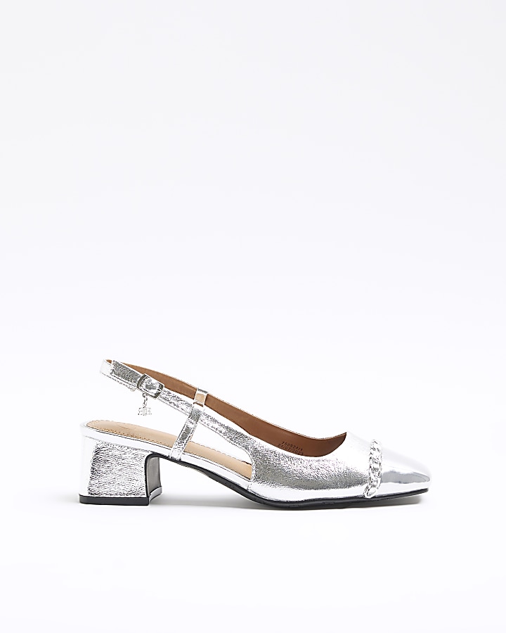 Silver wide fit block heel sling back shoes