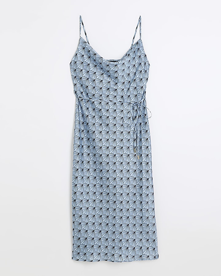 Blue geometric cowl neck slip midi dress