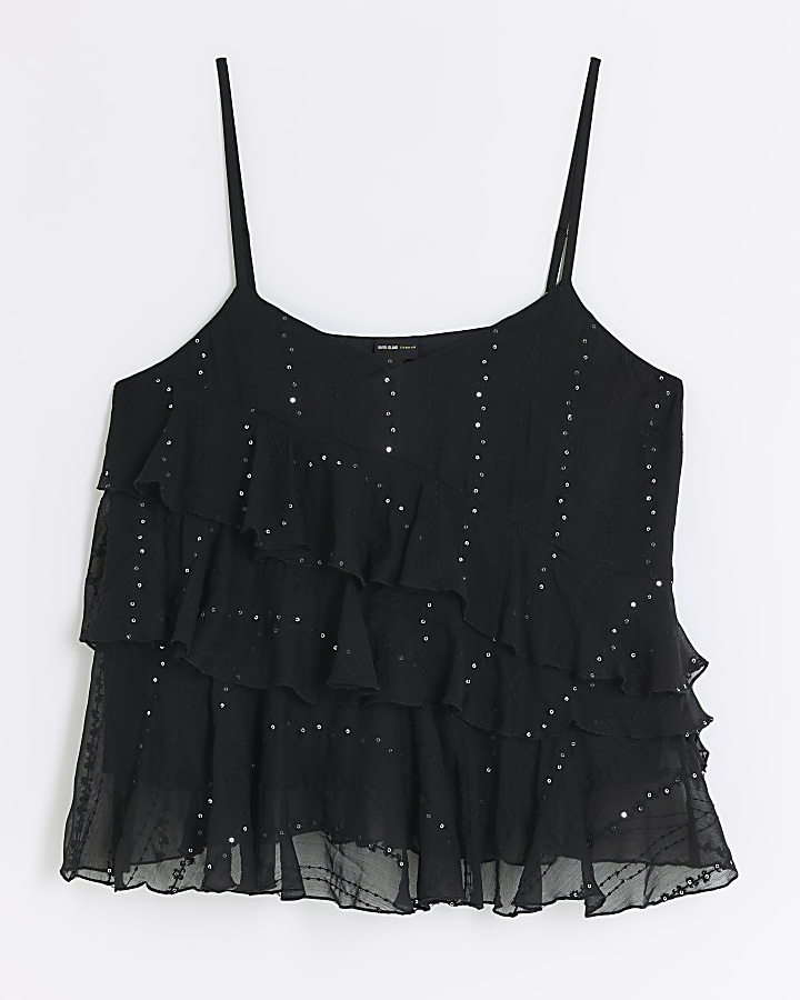 Black sequin detail frill cami top | River Island