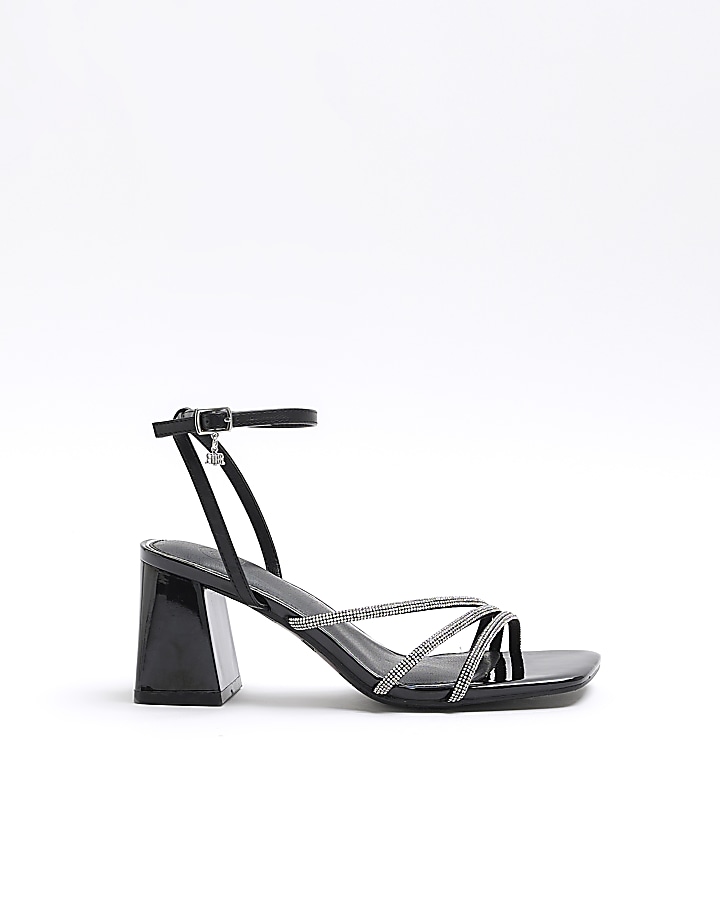 Black wide fit embellished heeled sandals | River Island