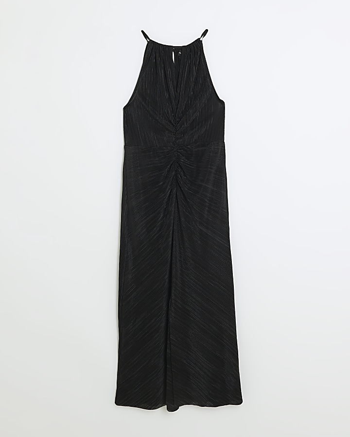 Black plisse ruched detail bodycon midi dress | River Island