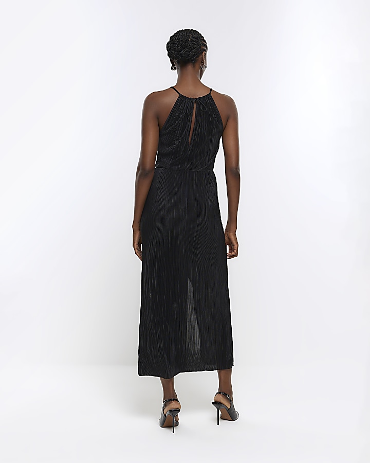 Black plisse ruched detail bodycon midi dress | River Island