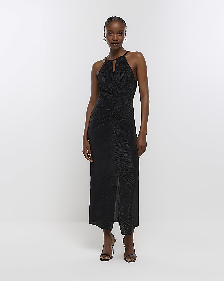 Black Plisse Split Leg Maxi Dress