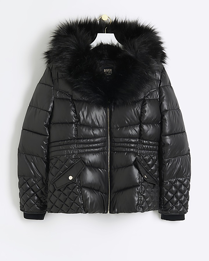 Black faux fur hood puffer jacket | River Island