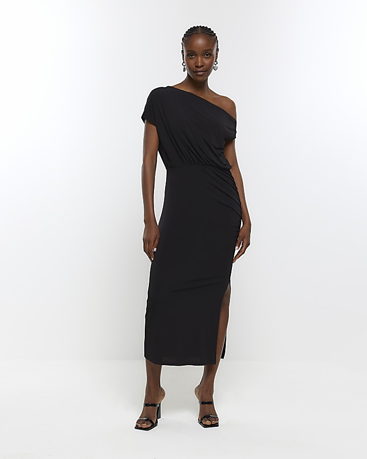 Black Drape Midi Dress | River Island