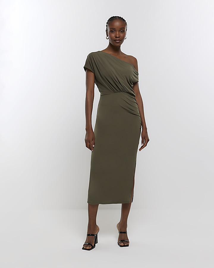 Khaki Grown On Sleeve Drape Midi Dress | River Island