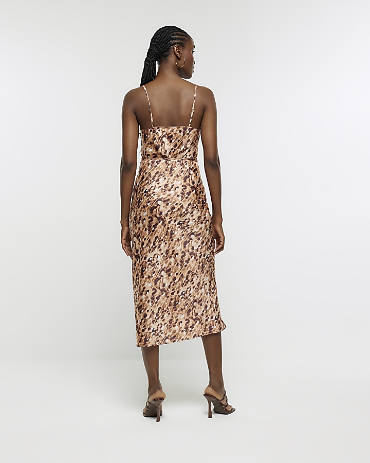 Brown satin leopard print slip midi dress