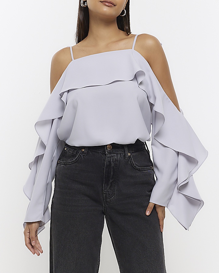 Silver frill cold shoulder top