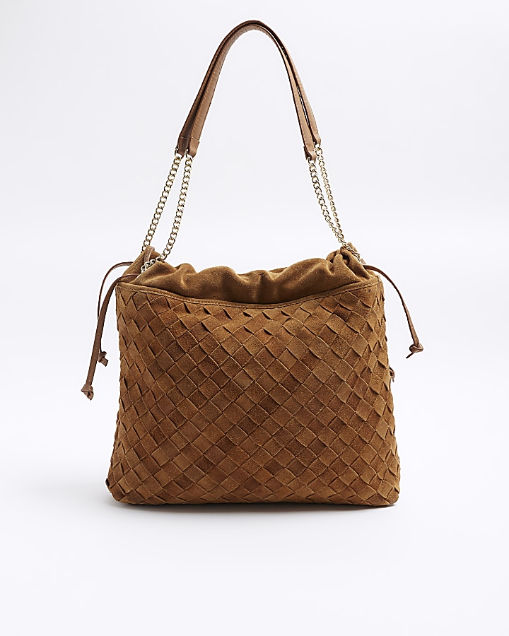 Brown suede weave slouch tote bag