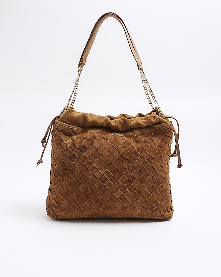 Brown suede weave slouch tote bag