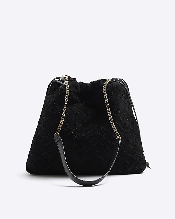 Black suede weave slouch tote bag River Island