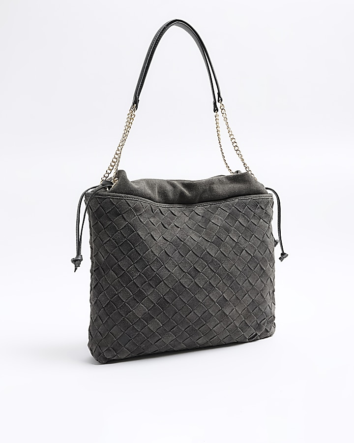 Grey suede weave slouch tote bag