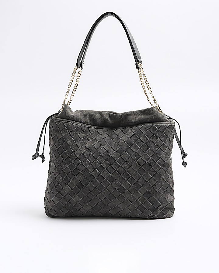 Grey suede weave slouch tote bag