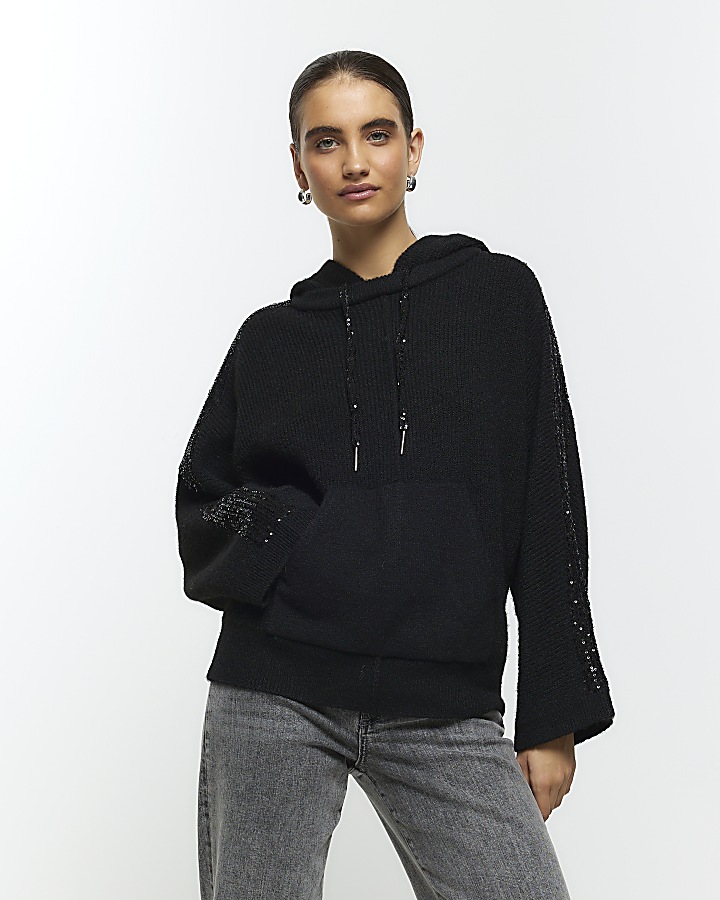 Black knitted sequin hoodie | River Island