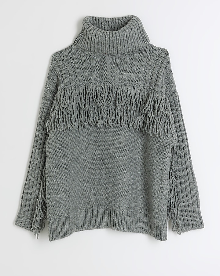 Grey knitted fringe detail jumper