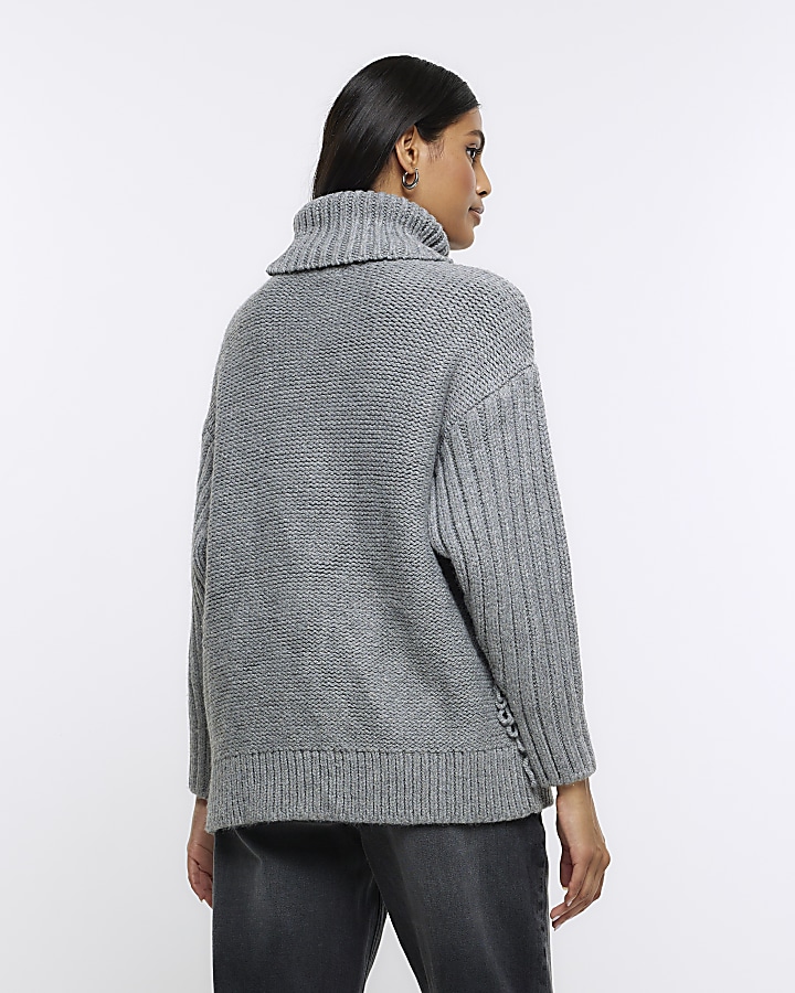 Grey knitted fringe detail jumper