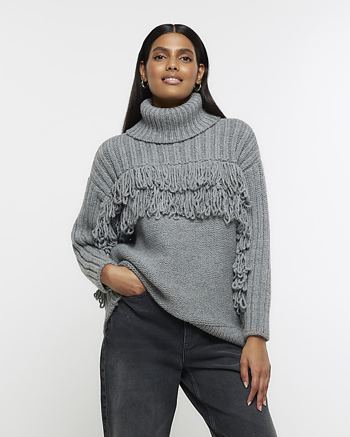 Grey knitted fringe detail jumper