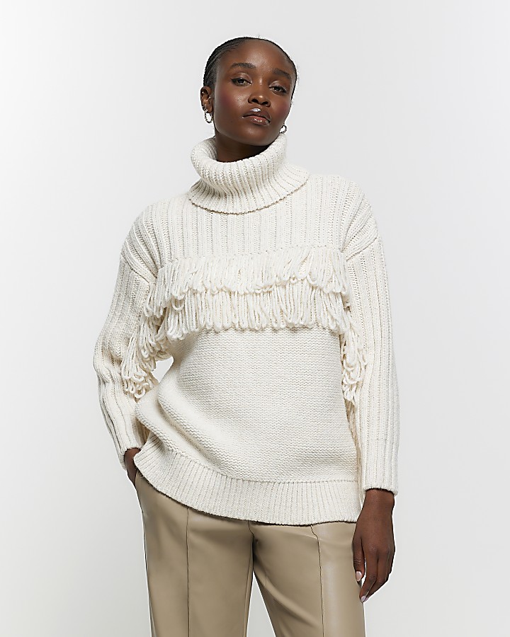 Cream knitted fringe detail jumper