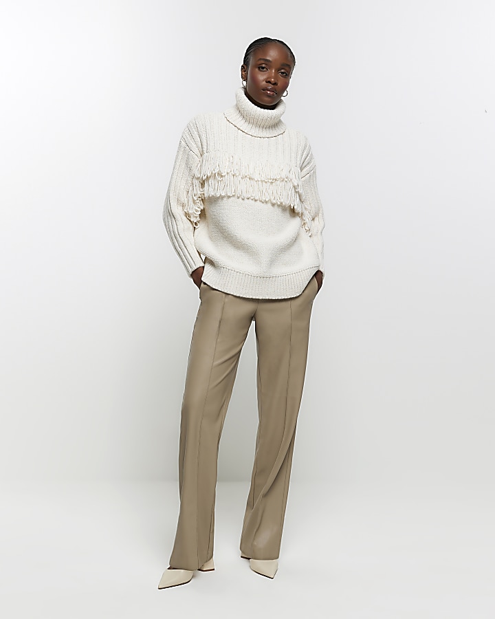 Cream knitted fringe detail jumper River Island