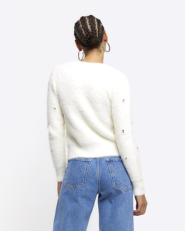 Cream embellished fluffy cardigan River Island