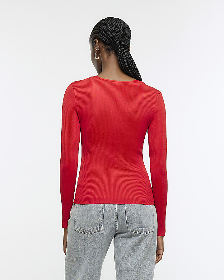 Red front knot long sleeve top