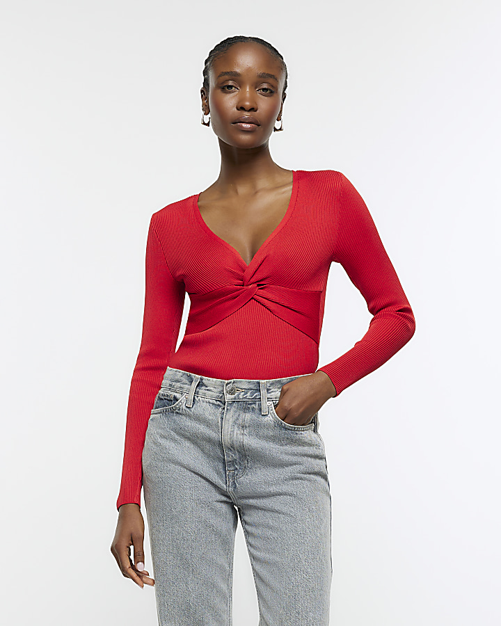 Red front knot long sleeve top