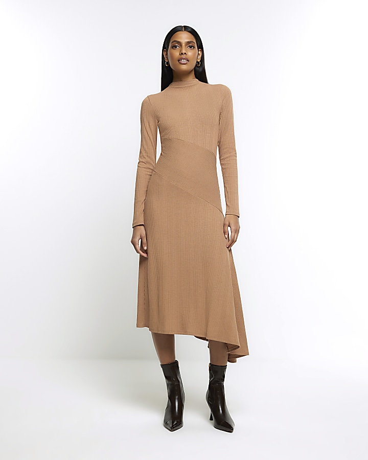 Beige rib asymmetric bodycon midi dress