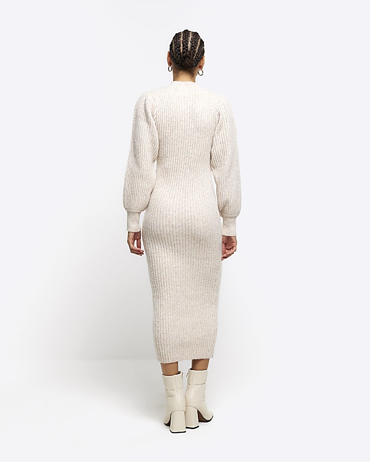 Cream puff sleeve jumper midi dress River Island