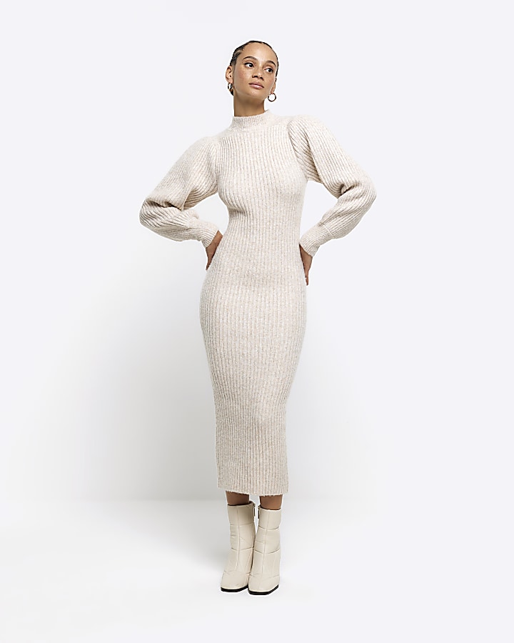Cream puff sleeve jumper midi dress River Island