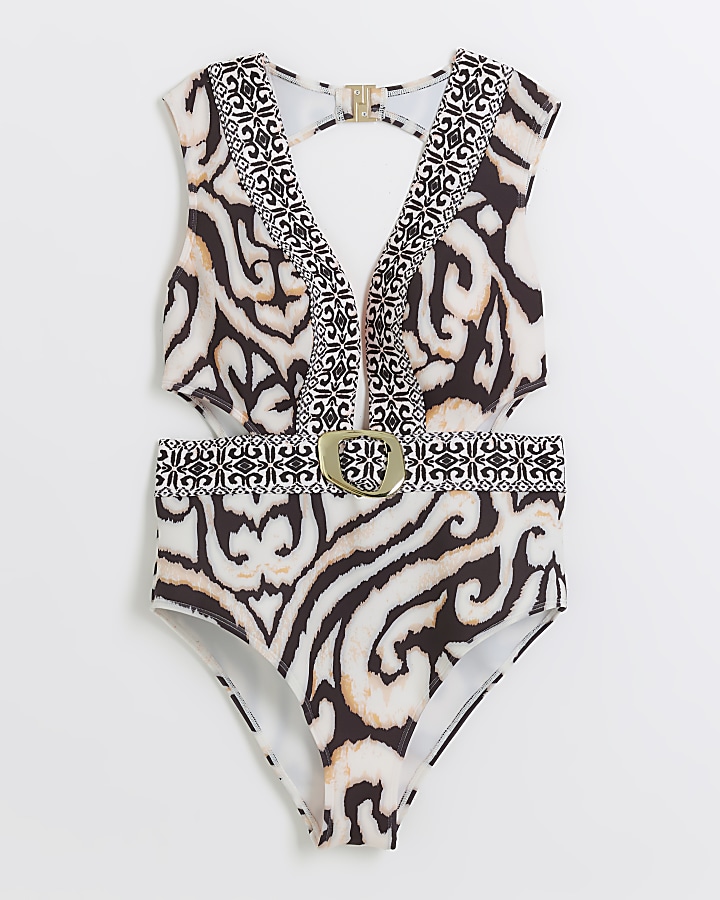 Cream abstract buckle swimsuit