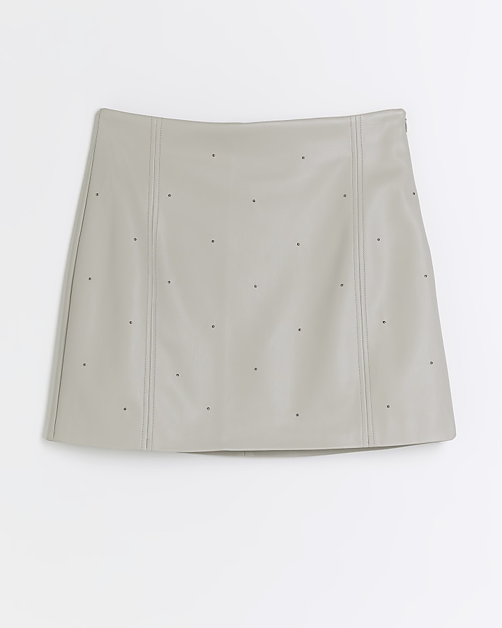 Grey faux leather studded mini skirt