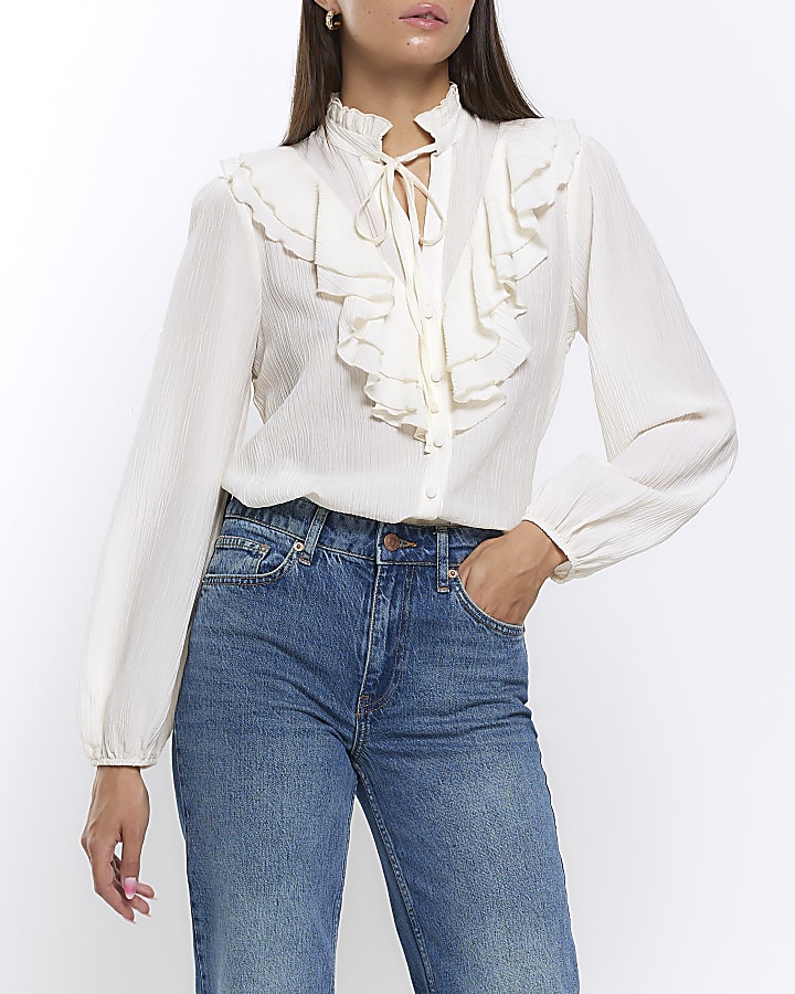 River Island tie front ruffle chiffon blouse in cream floral