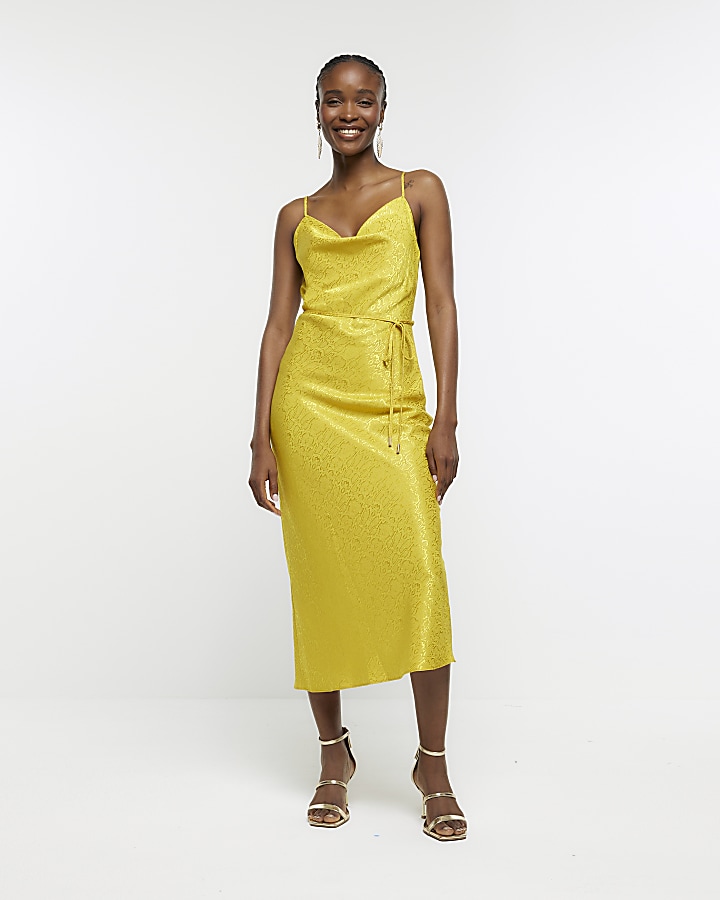 Yellow silk hot sale midi dress