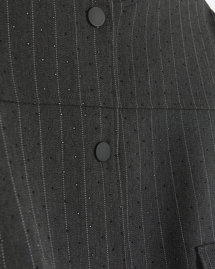Grey stripe diamante crop bomber jacket