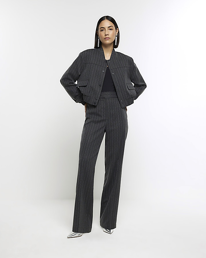 Grey stripe diamante straight trousers