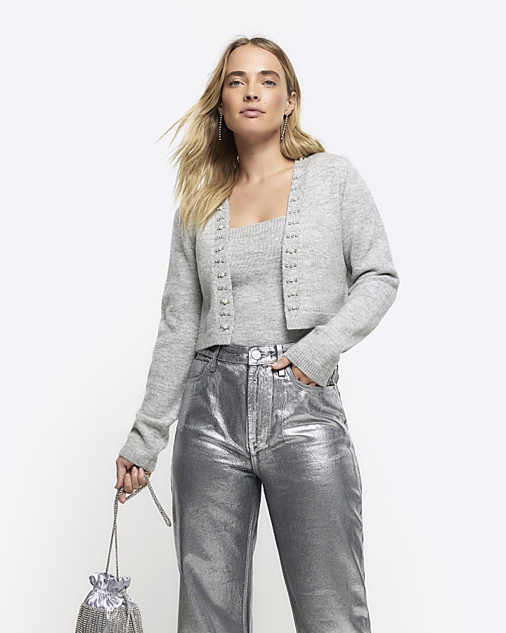 Grey embellished cardigan vest set