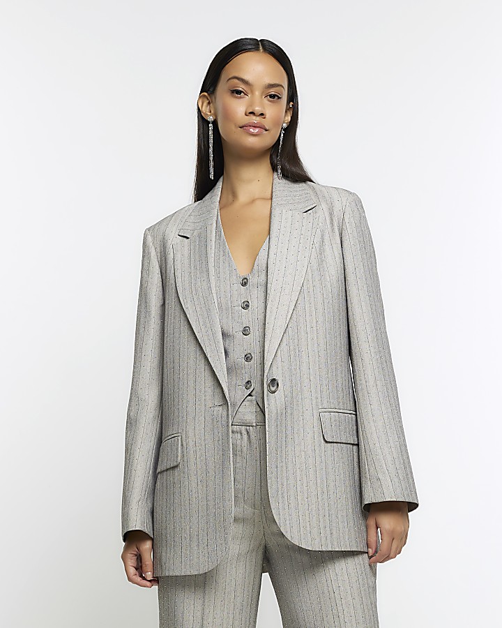 Grey stripe diamante blazer