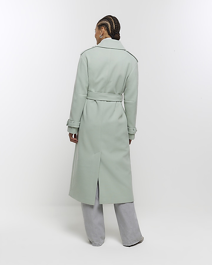 Green belted longline trench coat