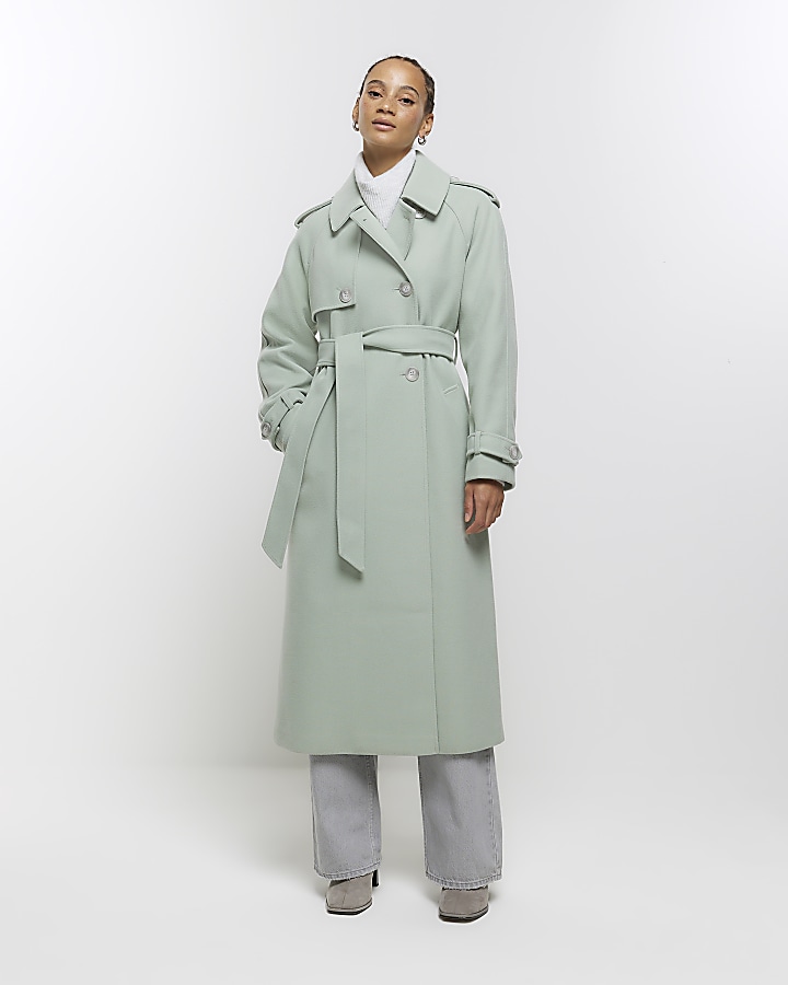 Green belted longline trench coat River Island