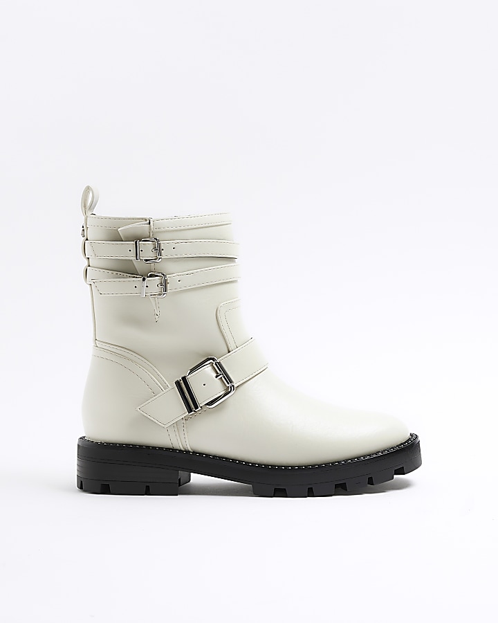 Cream wide fit buckle biker boots