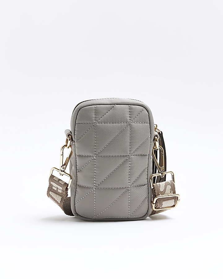 Grey quilted phone holder bag