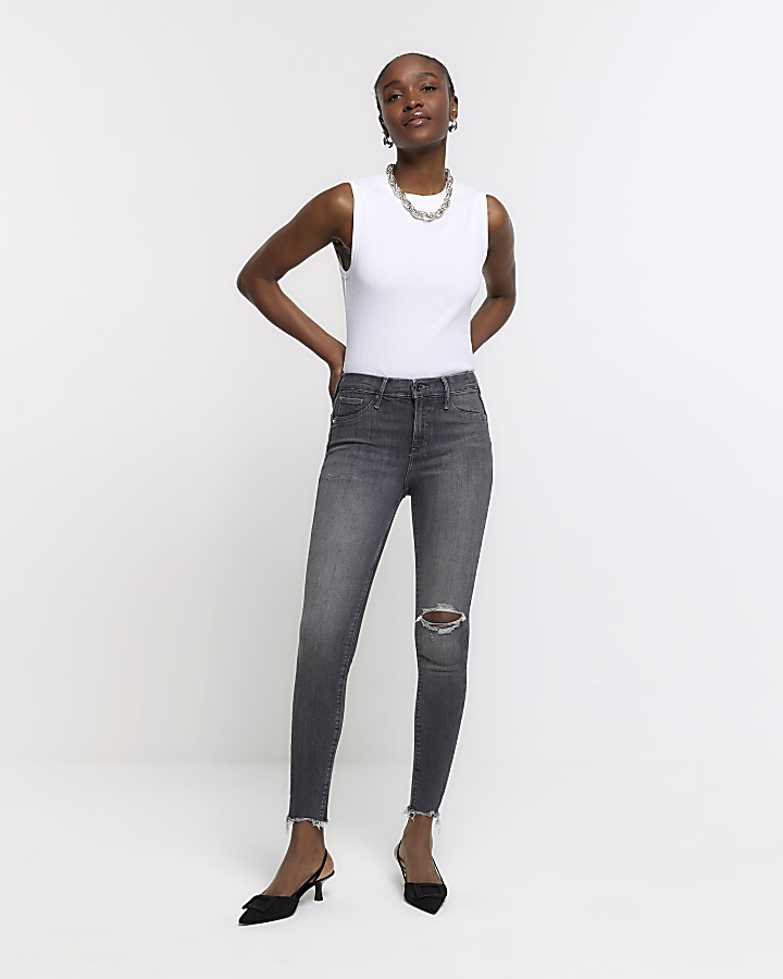 Grey high waisted bum sculpt ripped jeggings